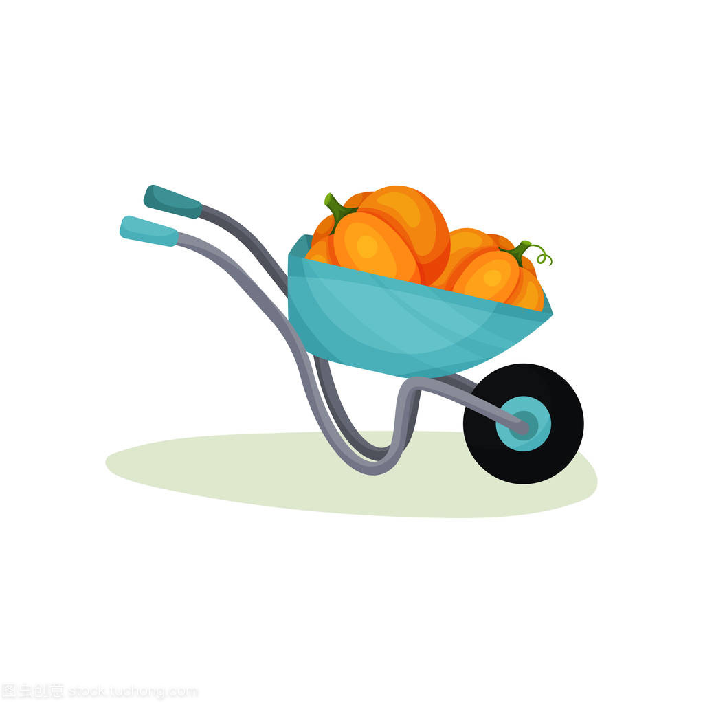 有两个大南瓜的金属手推车。花园车与成熟的蔬菜作物。健康的农产品。平面矢量设计